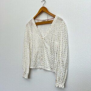 Boden Long Sleeve White Blouse Gold Accent Flowers NWOT Basic Casual Blouse
